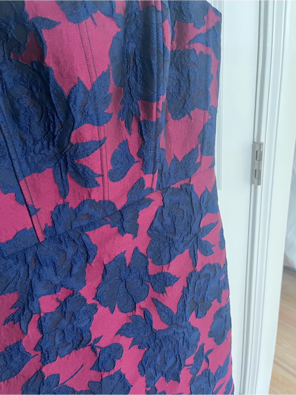 Dessy Collection Navy and Burgundy Floral Jacquard Sleeveless Trumpet Gown - Picture 5 of 8